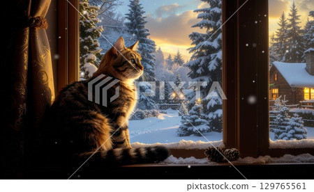 Winter snow Cat watching the snow indoors Winter snow Cat watching the snow indoors 129765561