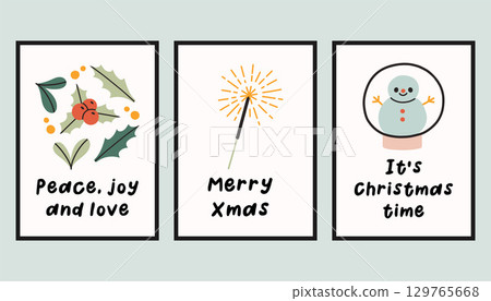 Collection of three simple New Year and Christmas posters. Trendy winter vector poster set with quotes. Hand drawn doodle cozy posters for home decor and interior. 129765668