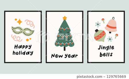 Collection of three simple New Year and Christmas posters. Trendy winter vector poster set with quotes. Hand drawn doodle cozy posters for home decor and interior. Collection of three simple New Year and Christmas posters. Trendy winter vector poster set with quotes. Hand drawn doodle cozy posters for home decor and interior. 129765669