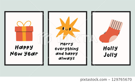 Collection of three simple New Year and Christmas posters. Trendy winter vector poster set with quotes. Hand drawn doodle cozy posters for home decor and interior. 129765670