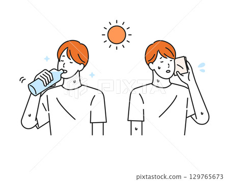 插畫素材：年輕人擦汗補水 129765673