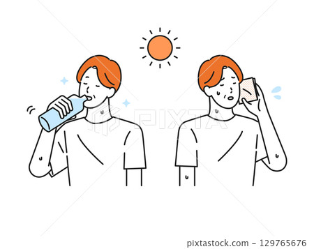 Illustration material: Senior man wiping sweat and hydrating 129765676
