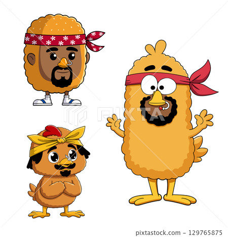 Cartoon Chicken Characters with Bandanas 129765875