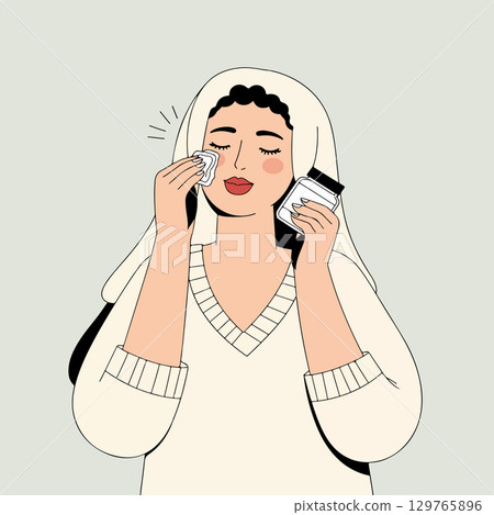 Woman Removing Makeup with Cotton Pad 129765896