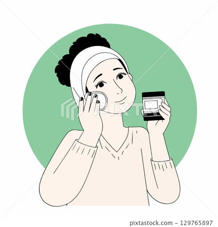 Woman Cleansing Face with Cotton Pad 129765897