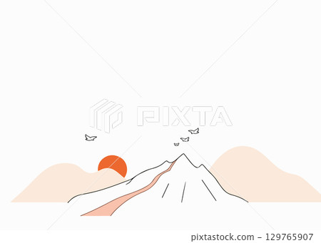 Minimalist Mountain Landscape with Birds and Sun 129765907