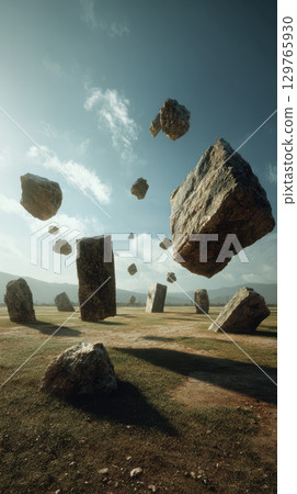 Floating rocks in surreal landscape with shifting gravity under clear blue sky Floating rocks in surreal landscape with shifting gravity under clear blue sky 129765930