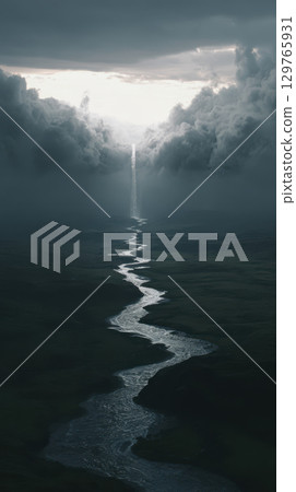 Winding river flows upward into dramatic clouds, creating surreal and mysterious landscape 129765931