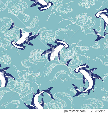 Japanese style wave and shark pattern, 129765954