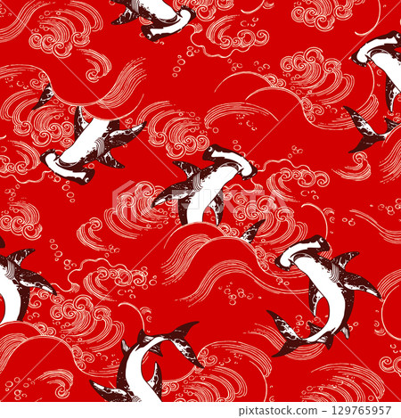 Japanese style wave and shark pattern, 129765957