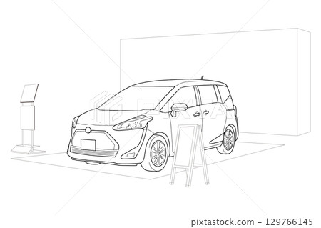 展廳中展示的汽車的線條圖 129766145