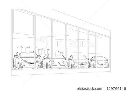 寬大的窗戶後面排著四輛車的線條畫 129766146