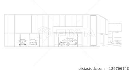 寬敞的汽車經銷店外觀的線條圖 129766148