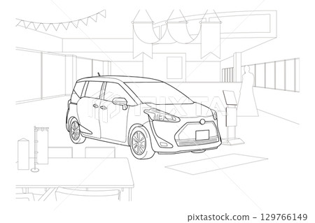 A line drawing of cars on display in a store 129766149