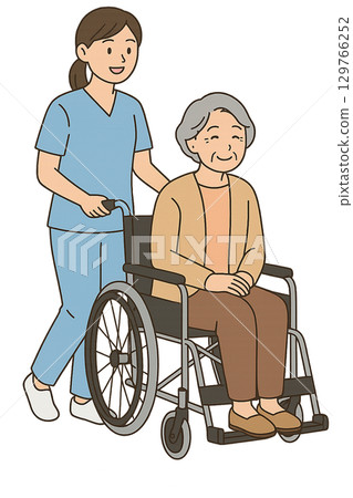 Wheelchair-riding elderly and caregivers 129766252