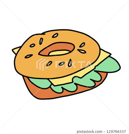 baked delicious doodle style bagel with cheese, herbs and sesame seeds, minimalist sandwich baked delicious doodle style bagel with cheese, herbs and sesame seeds, minimalist sandwich 129766337