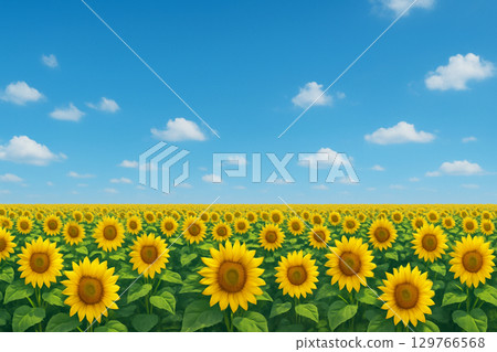 Summer sunflower field background with blue sky and white clouds 129766568