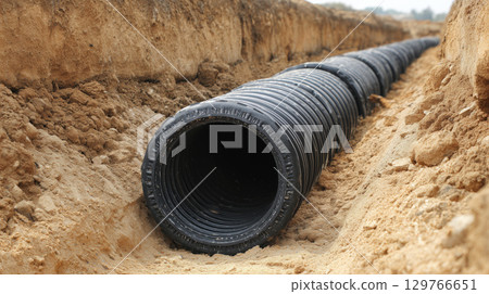 Black corrugated pipe underground installation utility trench, construction site soil, infrastructure durable material outdoor project Black corrugated pipe underground installation utility trench, construction site soil, infrastructure durable material outdoor project 129766651