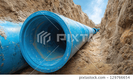 Blue pvc pipe underground installation utility trench construction site sandy soil infrastructure outdoor durable water supply 129766654