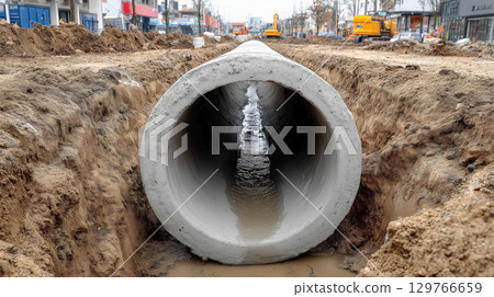 Large concrete utility pipe buried underground in sand at construction site, urban infrastructure, wet surface, overcast day 129766659