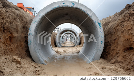 Large concrete utility pipes lay underground in sandy trench prepared for installation, showcasing construction and infrastructure work 129766661