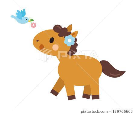 Illustration of a little bird and a horse 129766663