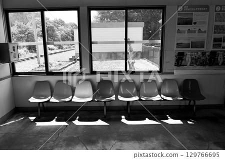 Retro station building "Bimaushi Station" in black and white 129766695