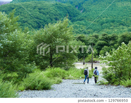 Tourists walking along a forest trail in Kamikochi, a popular tourist spot in summer Tourists walking along a forest trail in Kamikochi, a popular tourist spot in summer 129766950