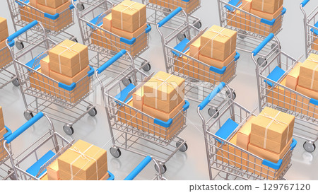 The Shopping cart and cardboard box for Delivery or sale concept 3d Rendering. 129767120