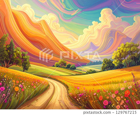 Abstract background with a futuristic geometric pattern of colorful lines, curves, and triangles 129767215