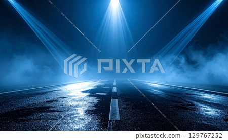 Highway speed motion blur light trails at night under a cloudy sunset sky Highway speed motion blur light trails at night under a cloudy sunset sky 129767252