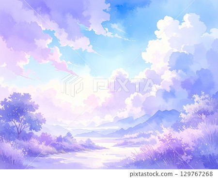Lavender fields in the Provence mountains at sunset, with rolling hills and a cloudy sky Lavender fields in the Provence mountains at sunset, with rolling hills and a cloudy sky 129767268