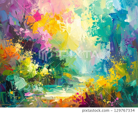 Abstract artistic watercolor texture background with bright, colorful paint splashes and a seamless geometric pattern 129767334