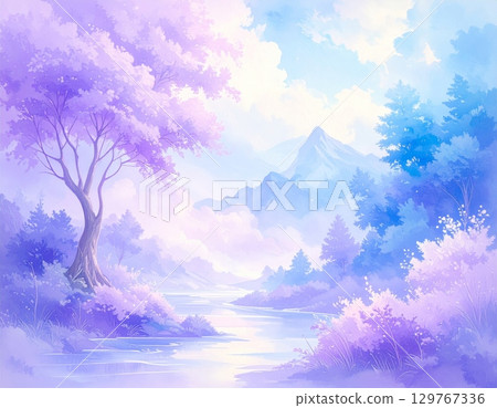 Abstract watercolor background of a blue sky with soft, beautiful clouds 129767336