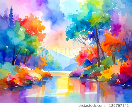 Abstract watercolor painting with colorful splashes and grunge texture on paper Abstract watercolor painting with colorful splashes and grunge texture on paper 129767341