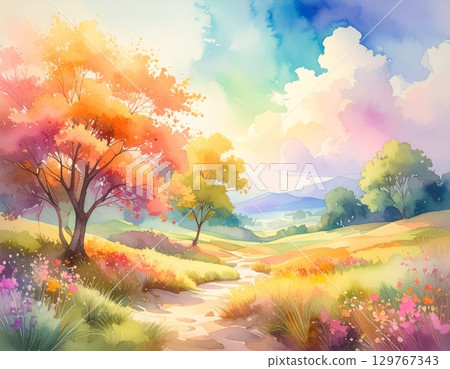Abstract watercolor painting with colorful splashes and grunge texture on paper Abstract watercolor painting with colorful splashes and grunge texture on paper 129767343