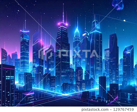 Traffic streams through a vibrant downtown cityscape at night, with towering skyscrapers and business buildings illuminated by a blur of motion and light Traffic streams through a vibrant downtown cityscape at night, with towering skyscrapers and business buildings illuminated by a blur of motion and light 129767459
