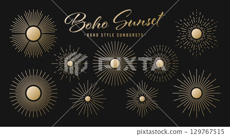 Vintage golden sunburst, sunset beams collection. Boho style, modern minimalist bohemian design. Hand drawn bursting sun, light rays. Logotype or lettering retro design element. Vector illustration 129767515