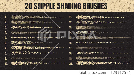 Ink scatter brush, stipple drawing and texturing. Fading gradient. Stippling, dotwork drawing, shading using dots. Halftone disintegration effect. White noise grainy texture. Vector illustration 129767565