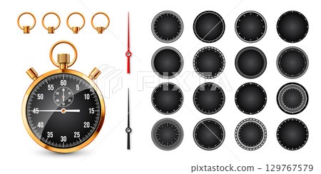 Realistic classic stopwatch. Shiny golden metal chronometer, time counter with dial. Countdown timer showing minutes and seconds. Time measurement for sport, start, finish. Vector illustration 129767579