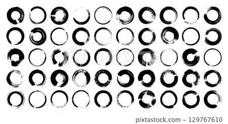 Grunge circles, brush strokes, lines, ink smudges, hand-drawn scribble shapes. Handmade sketchy marks, acrylic stains, charcoal streaks. Paint textures, dry brush effect. Vector illustration 129767610