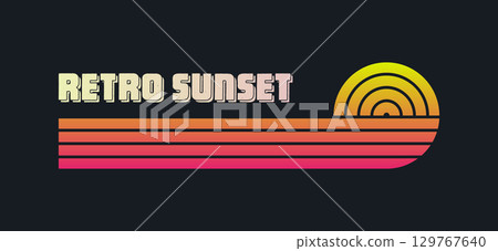 Vintage colorful sunset. Various gradient striped sunrise badges in 80s and 90s style. Sun and ocean view, summer vibes, surfing. Design element for print, logo or t-shirt. Vector illustration 129767640