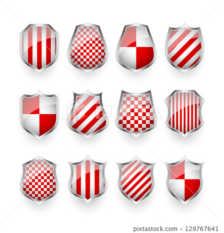 Glossy shields with red and black white. Security and protection concept. Cyber safety icons, internet privacy, web defense, digital data protection and antivirus themes. Vector illustration Glossy shields with red and black white. Security and protection concept. Cyber safety icons, internet privacy, web defense, digital data protection and antivirus themes. Vector illustration 129767641