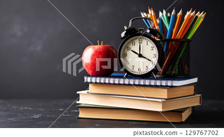 A classic alarm clock sits atop a stack of books, a concept of time and education intertwined 129767702