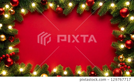 Festive Christmas frame with fir branches, red balls, and other winter holiday decorations Festive Christmas frame with fir branches, red balls, and other winter holiday decorations 129767717