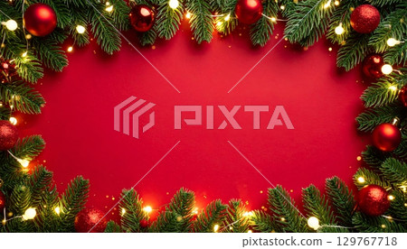 Festive Christmas frame with fir branches, red balls, and other winter holiday decorations Festive Christmas frame with fir branches, red balls, and other winter holiday decorations 129767718