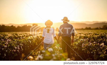 Young couple in love happily walking together through a rural wheat field on a beautiful summer day Young couple in love happily walking together through a rural wheat field on a beautiful summer day 129767724