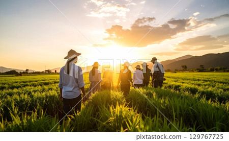 Young couple in love happily walking together through a rural wheat field on a beautiful summer day 129767725
