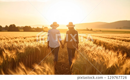 Young couple in love happily walking together through a rural wheat field on a beautiful summer day Young couple in love happily walking together through a rural wheat field on a beautiful summer day 129767726