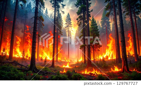 Colorful sunbeams illuminate a golden autumn forest path as vibrant leaves fall from towering trees Colorful sunbeams illuminate a golden autumn forest path as vibrant leaves fall from towering trees 129767727